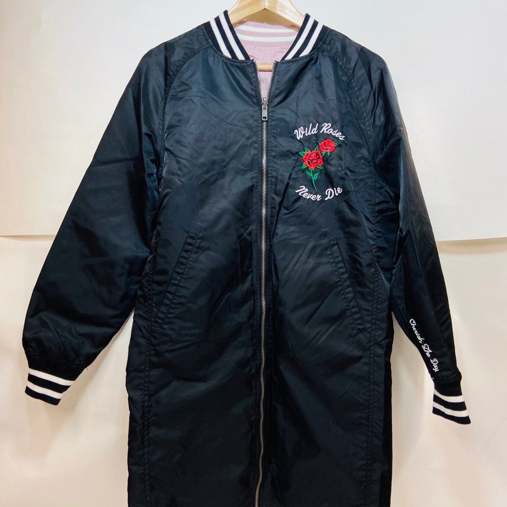 Sweat crew satin embroidered bomber trench jacket